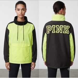 PINK‎ Victoria's Secret Anorak Women L Neon Yellow Black Windbreaker Fleece NEW